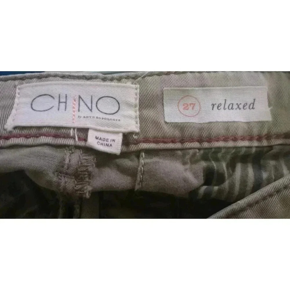 Anthropologie Chino Pants Embroidered Side Stripe Straight Leg Olive Green Sz 27 - Picture 8 of 9